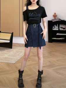 Shalldoer | Korean Style Short Sleeve Print Dress Womens Summer Design Sense Oblique Shoulder Splicing Waist A-Line Mini Skirt Dress