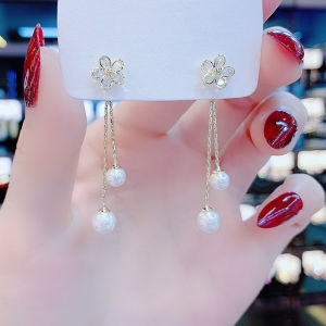 Fashionable Long Tassel Pearl Earrings Womens Double Wear Silver Needle Crystal Five-Petal Flower Studs Korean Style Jewelry