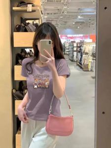 Slim Fit Pure Cotton Short Sleeve T-Shirt Womens Fashionable Purple Top Commute Korean Style round Neck Letter Pattern