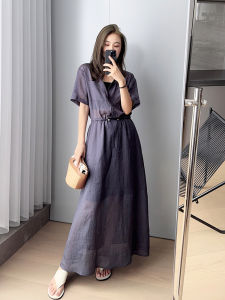 Meiyang Short Sleeve Drawstring Waist Shirt Dress Clean And Bold Linen Womens Summer Dress Polo Collar H-Shape Long Dress