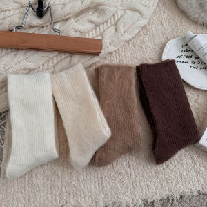 Thickened Fluffy Mid-calf Socks Womens Winter Warm Retro Solid Color Vertical Striped Long Socks Home Comfort Woolen Socks