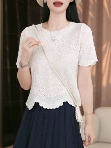 Shalldoer | Korean Style Hooked Hollow Short Sleeve Knitted Sweater Women Summer New Age Reduction Slimming Top Floral Lace Edge Design
