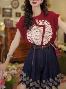 Shalldoer | Chic Lace Splice Hollow Short Sleeve T-Shirt And Denim Shorts Two-Piece Set For Young Women Summer College Style Anti-Aging