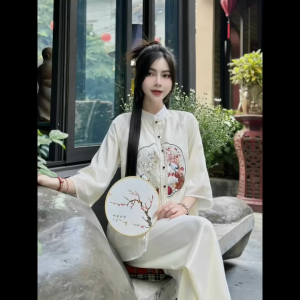 Lụa voan thêu Hạc - Bộ Pháp PhụcĐồ Lam đi chùa áo đính nút tiểu thưquần lụa suông vải dày cao cấp- Pháp Phục Linh Sơn