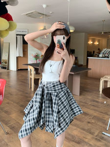 High Waist A-Line Mini Skirt Black White Checkered Irregular Design Commuter Korean Style Lace Splicing Short Skirts for Women