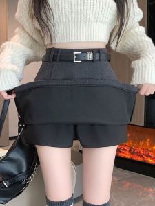 Gray Woolen High Waist Thickened A-Line Mini Skirt Womens Autumn Winter New Style Slimming Half-length Skirt Korean Style Commute