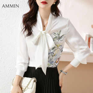 AMMIN Áo Cánh In Họa Tiết Cá Tính Thanh Lịch Thắt Nơ Cổ Chữ V Mùa Thu Mới Cho Nữ Áo Cánh Dáng Rộng Ngọt Ngào Thời Trang Gió Hàn Quốc Áo Cánh Áo Voan Hoa Cho Nữ Áo Đi Làm Thường Ngày