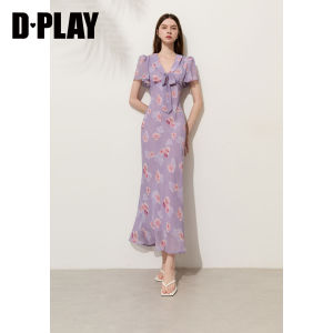 D-PLAY | Đầm In Hình Ôm Dáng Tay Bồng Cổ Nơ Màu Tím Series Resort