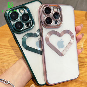 FLOVEME Plating Love Heart Clear Phone Case For iPhone 15 14 13 12 Pro Max With Lens Film Protector All-inclusive Soft TPU Transparent Shockproof Back Cover For iphone 15 14 13 12 11