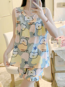 ผู้หญิง ฤดูร้อน ชุดนอน ผ้าฝ้าย ผ้าไหม ลำลอง บาง แขนกุด หลวม ชุดพอดีพร้อม กางเกงขาสั้น และเสื้อกั๊กแจ๊กเก็ตชุดนอนดอกไม้พืช