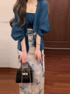 New Chinese Style National Trend Open Cardigan Strap Print Wrap around Mini Skirt Three Piece Set Unique Beautiful Early Autumn Small Set