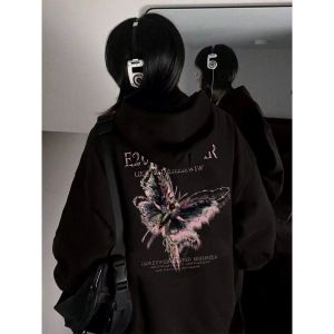 เสื้อสเวตเตอร์มีฮู้ดพิมพ์ลายผีเสื้อแบบหนาสำหรับฤดูใบไม้ร่วงและฤดูหนาวสำหรับผู้ชายและผู้หญิง ทรงหลวม แขนยาว ปกติ