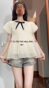 (KÈM NƠ) Set Áo Nữ Kiểu Babydoll Xoè Tay Bồng Chất Liệu Tơ Óng Phong Cách Tiểu Thư