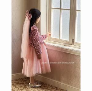 Shiny Sequin Princess Dress Pink Performance Skirt Mesh Autumn Winter Childrens Clothing Toddler Girl Long Sleeve Dresses