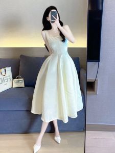 ชุดเดรสยาวทรงเอสไตล์ฝรั่งเศส ฤดูร้อน 2024 ใหม่ หรูหรา กระโปรงทรงเอ แขนกุด คอเหลี่ยม ผ้าฝ้าย ชุดทำงาน สีพื้น