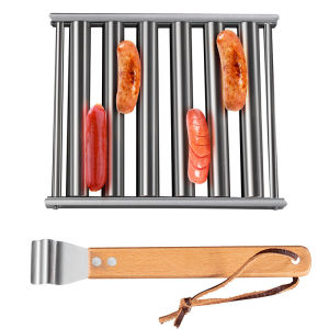 Konco Stainless Steel Sausage Roller Rack Hot Dog Roller Stainless Steel Sausage Roller Rack with Extra Long Wood Handle BBQ Hot Dog Griller for Evenly Cooked Hot Dogs