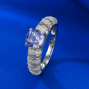 Luxury 6mm Square Purple Diamond Wedding Ring Women S925 Silver Plated 18K White Gold Jewelry