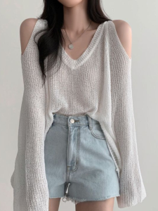 White V-Neck Hollow out Knitted Cover up Shoulder Bared Ice Silk Sun Protection Summer Air Conditioning Womens Thin Top