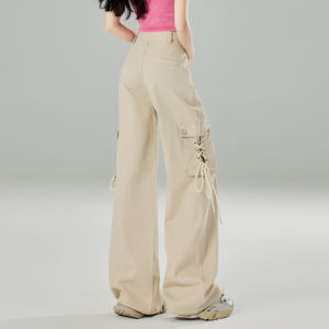 QIAOMIDUO | Summer Khaki Workwear Jeans Womens Straight Leg Wide Leg Tied Loose Fit Cotton Blend Thin Denim High Waist Long Pants