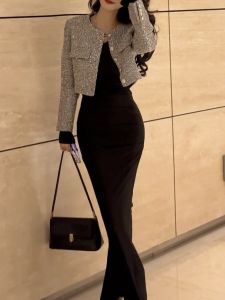 Spring 2024 Womens Little Black Dress Style Silver Sequin Outerwear Top Long Sleeve Woolen Coat Short Quilted Jacket