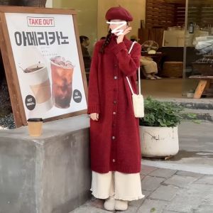 PEIZIXUAN | Áo Cardigan Knit Cổ Cao Màu Đỏ Dài Trung Bình