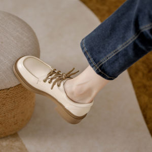 รองเท้าส้นแบนหนังแท้สำหรับผู้หญิง ฤดูใบไม้ผลิและฤดูใบไม้ร่วง สวมใส่สบาย รองเท้าส้นแบนแบบลำลอง ทรงหัวมน ส้นสูงปานกลาง รองเท้าส้นแบนแบบสวมหัวกลม