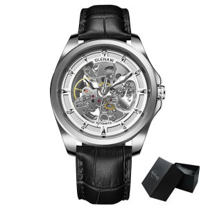 GLENAW | GLENAW Skeleton Mechanical Watch Men Vintage Engraved Auto Mechanical Wrist Watches Gold Stainless Steel Strap Erkek Kol Saati