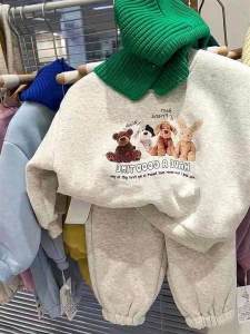 K-style Childrens Clothing 2023 Winter Clothes Mens Padded Fleece Trousers Two-piece Set Girl Casual Sports Suit Kids Sweatshirt