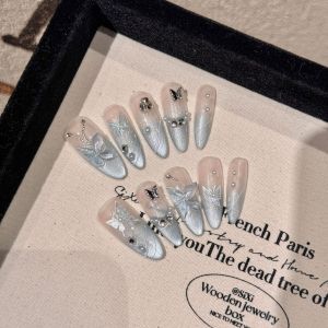 Ice Transparent Mint Cat Eye Nail Tips Wearable Luxury Feel Small Butterfly with Diamond Glass Bead Whitening False Nails