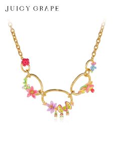 Tropical Flower Enamel Necklace Sweet Holiday Womens Style Juicy Grape Original Design Fashion Jewelry Accessory