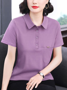 Summer 2025 New Style Casual Loose Polo Neck Mommy Clothes Short Sleeve Chiffon T-Shirt Pure Color Fashionable Belly Covering Top