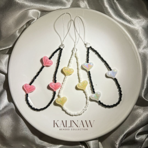 KALINAW Glossy Heart White & Black Beaded Keychain/ Phone Lanyard