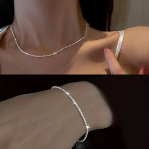Set of Shiny Silver Plated Collarbone Chain Necklace Bracelet Jewelry Womens Minimalist Starry Sky Accessories
