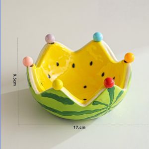 JUSTINLAU Ceramic Fruit Bowl Set Watermelon Shaped Fruit Dessert Bowl Stainless Steel Colorful Fruit Fork Home Table Decoration