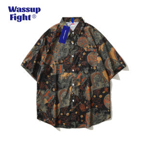 Wassup Fight Mens Short Sleeve Shirt New Chinese Style Beachside Casual Wear Polyester Fiber Cool Lightweight Summer Fashion