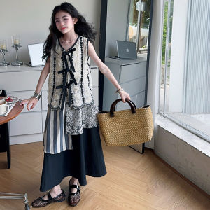 Girls Summer Embroidered Vest Set Midi Skirt Three-piece Trendy Fashionable Mid-to-Older Childrens Clothing Ensemble