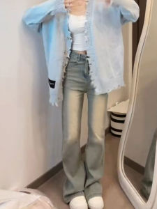 Misty Blue plus Size Womens Jeans High Waist Stretchy Flared Pants Spring Autumn Style Slimming Tall Effect Casual Denim