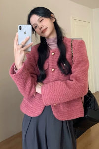CHOUXIE | Elegant and Trendy Pink Short Thick Coat