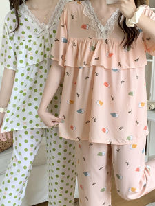 Bộ Đồ Ngủ Cotton Lụa Tay Ngắn Cho Nữ Phong Cách Ngọt Ngào Quần Áo Ở Nhà Có In Hình Quần Dây Cổ Chữ V Chui Đầu
