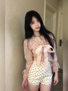 LIHONGYI | Pink V-Neck Lace Bow-Tied Waist Cinched Shirt