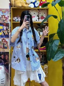 YEBO | Oversized Retro American Style Color Block Plaid Short Sleeve Shirt