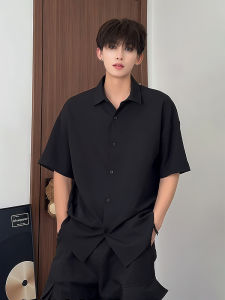 Black Ice Silk Short Sleeve Shirt Mens Summer Lightweight Sun Protection Outerwear Loose Fit Youth Trendy Flip Collar Shirt