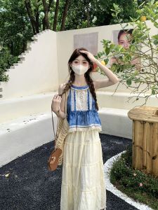 Vacation Style Tie Dye Bohemian Top And Skirt Set Womens High Waist Half Body Summer Fashion Two Piece Suit round Neck Polyester