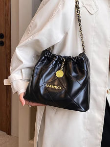 Womens Bucket Bag Commuter Shoulder Bag Fashionable Magnetic Buckle Closure Soft PU Leather Black Chain Casual Style
