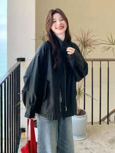 Black Retro Stand Collar Motorcycle Leather Jacket Womens Loose PU Leather Jacket Cool Style Street Fashion Long Sleeve Zipper