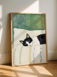 Sleeping Tuxedo Cat Wall Art Print: Black and White Cat Painting Unframed Cat Poster Gift Decoration