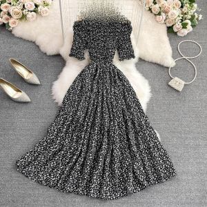 Beach Vacation Floral Lace A-Line Midi Dress Summer Season High Waist One-Shoulder Big Skirt Vintage Style Bubble Sleeve Dress