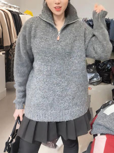 QINGNAER | Slimming Versatile Lazy Long Sleeve High Collar Half Zip Sweater Large Size