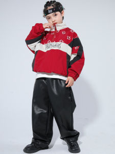 ชุดการแสดงแจ๊สสุดเท่สำหรับเด็กชายและเด็กหญิง สีแดง เทรนด์แฟชั่น ชุดเต้นฮิปฮอป ชุดเต้นที่สุดเท่สำหรับเด็กผู้หญิง