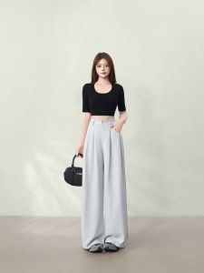 La Chapelle | Grey High Waist Wide Leg Trousers Straight Fit Summer Pant